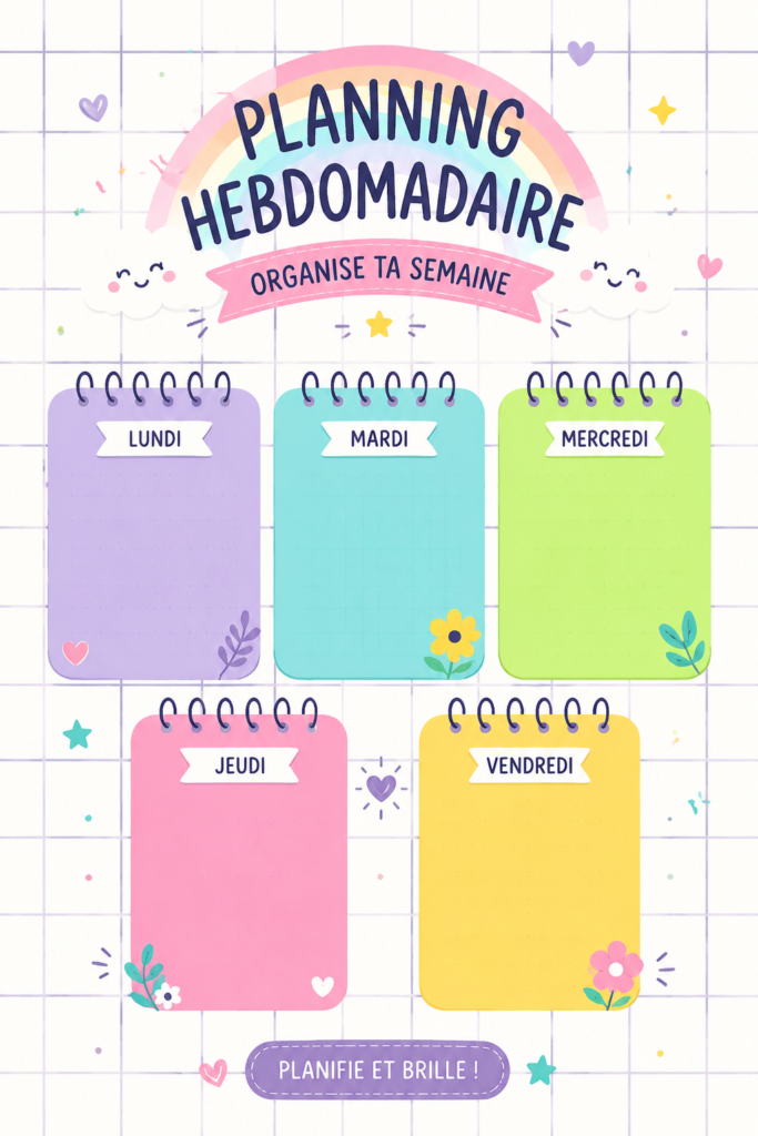 Un planner hebdomadaire coloré ouvert sur une table, avec des stylos et des notes.