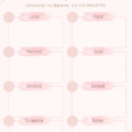 Un planner rose ouvert avec des notes et des stylos sur une table en bois