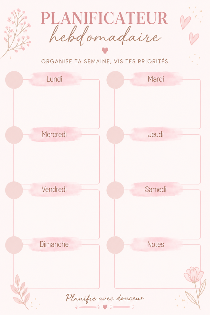 Un planner rose ouvert avec des notes et des stylos sur une table en bois