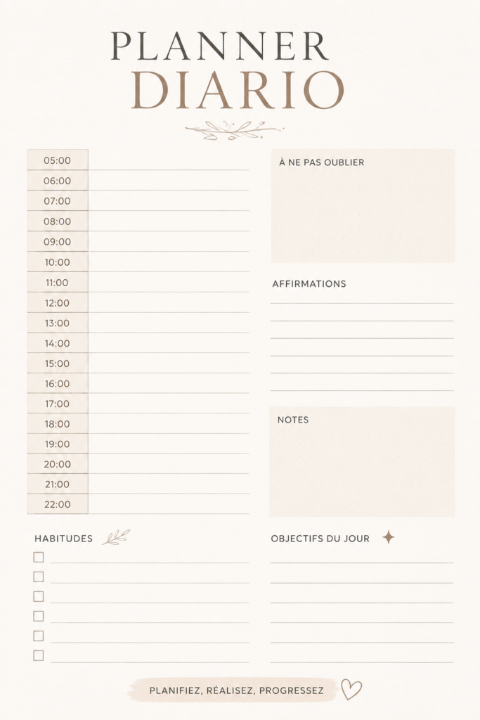 Une femme souriante utilise un planner coloré pour organiser sa journée.