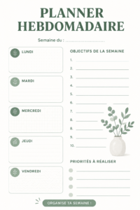 Exemple de planner hebdomadaire créé sur Canva, avec des sections organisées et colorées.