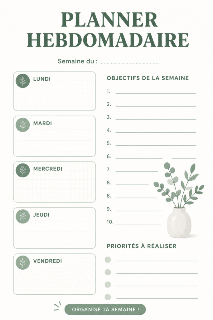 Exemple de planner hebdomadaire créé sur Canva, avec des sections organisées et colorées.