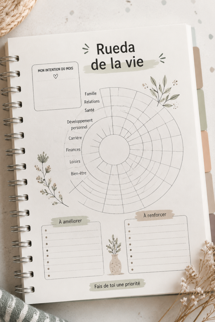 Illustration de la roue de la vie représentant divers aspects de l'équilibre personnel