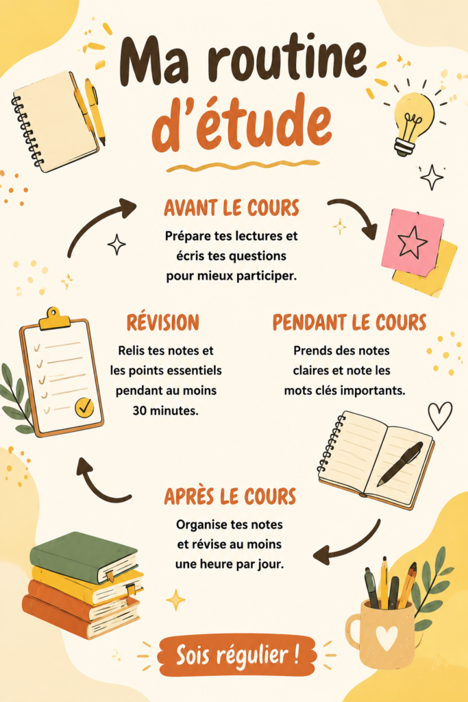 Femme en train d'étudier avec une routine bien établie.
