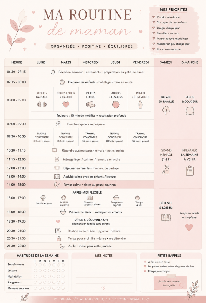 Maman heureuse avec ses enfants, établissant une routine quotidienne épanouissante.