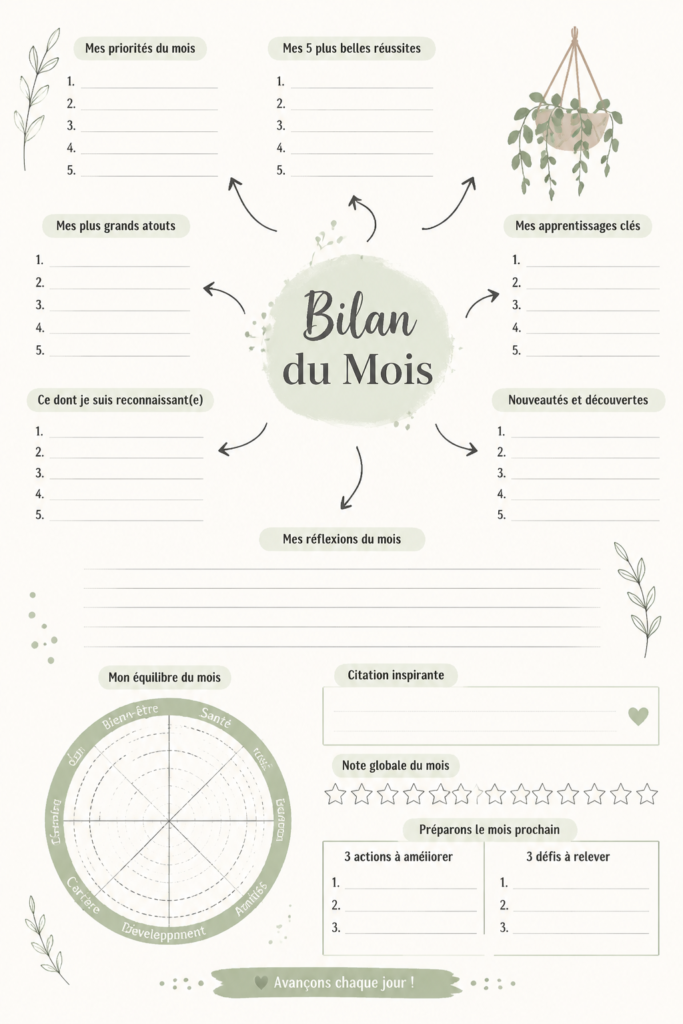 Template de révision mensuel sur une table en bois