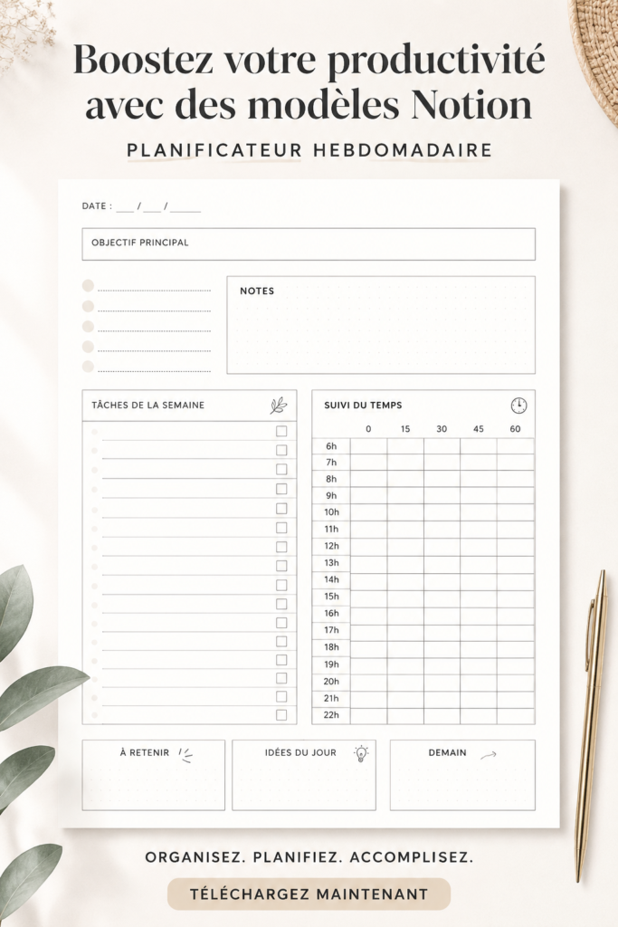 Capture d'écran d'un modèle Notion pour un planning hebdomadaire efficace.