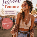 Femme en tenue de festival colorée dans un décor musical vibrant