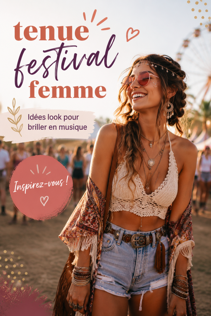 Femme en tenue de festival colorée dans un décor musical vibrant