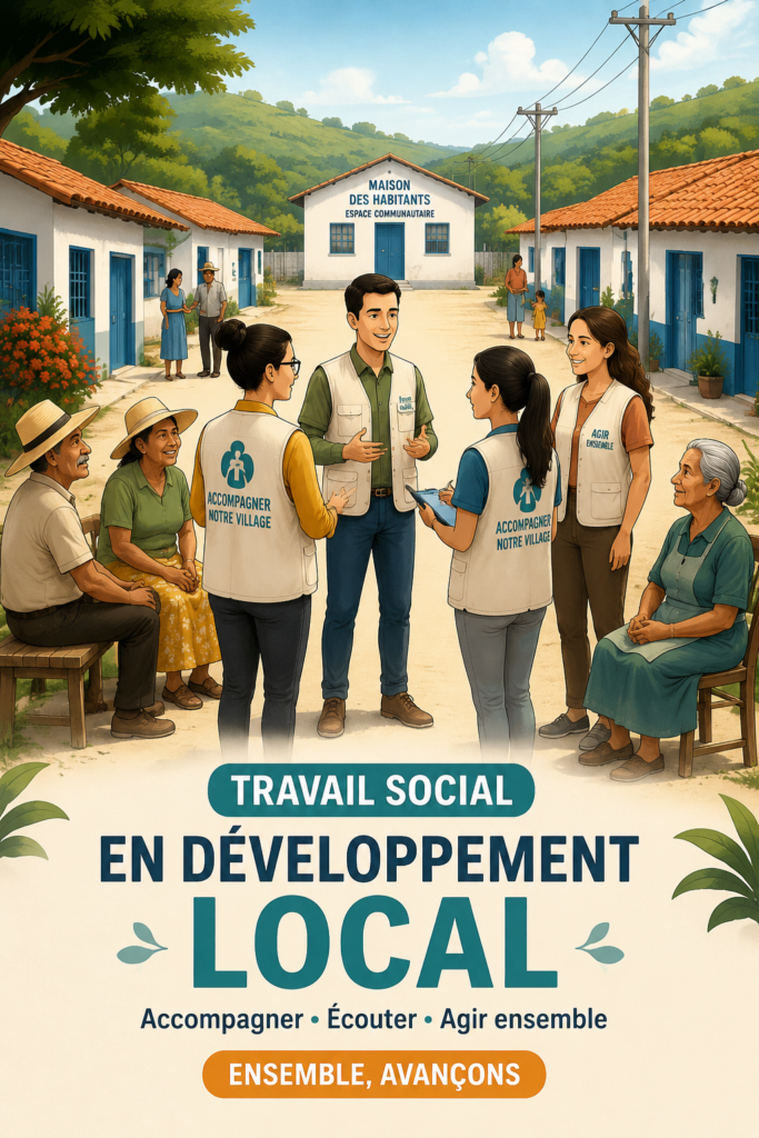 Image représentant des professionnels du travail social utilisant des outils d'IA pour le développement local.