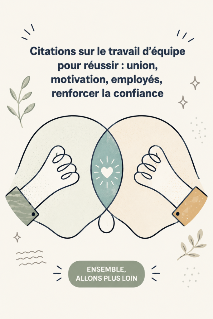 Groupe d'employés souriants discutant autour d'une citation motivante dans un bureau.