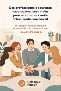 Groupe de collègues souriants posant leurs mains ensemble, illustrant la cohésion d'équipe au bureau.