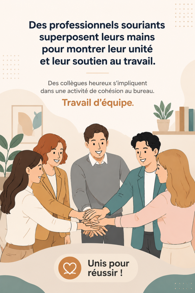 Groupe de collègues souriants posant leurs mains ensemble, illustrant la cohésion d'équipe au bureau.