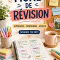Une femme concentrée en train de créer des fiches de révision sur une table avec des fournitures scolaires.