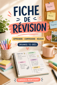 Une femme concentrée en train de créer des fiches de révision sur une table avec des fournitures scolaires.