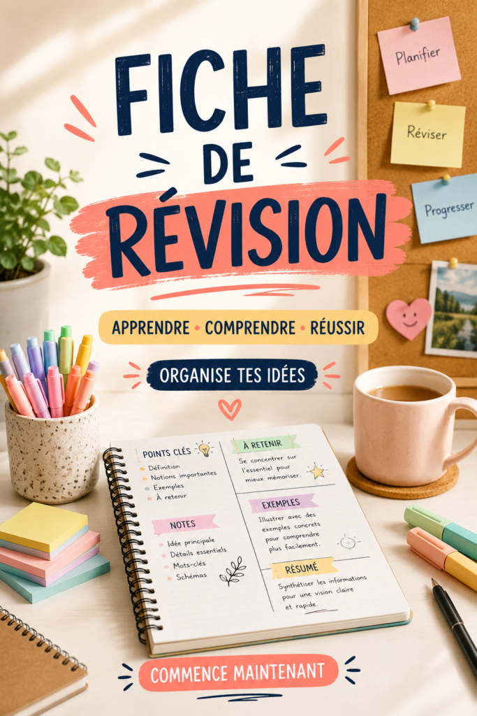Une femme concentrée en train de créer des fiches de révision sur une table avec des fournitures scolaires.