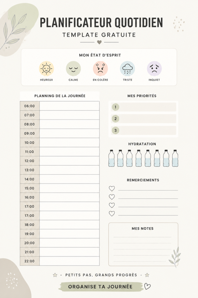 Un planificateur quotidien personnalisé créé sur Canva, avec des notes et des tâches.