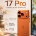 Vue de l'iPhone 17 Pro, illuminé, mettant en avant son design élégant et ses finitions