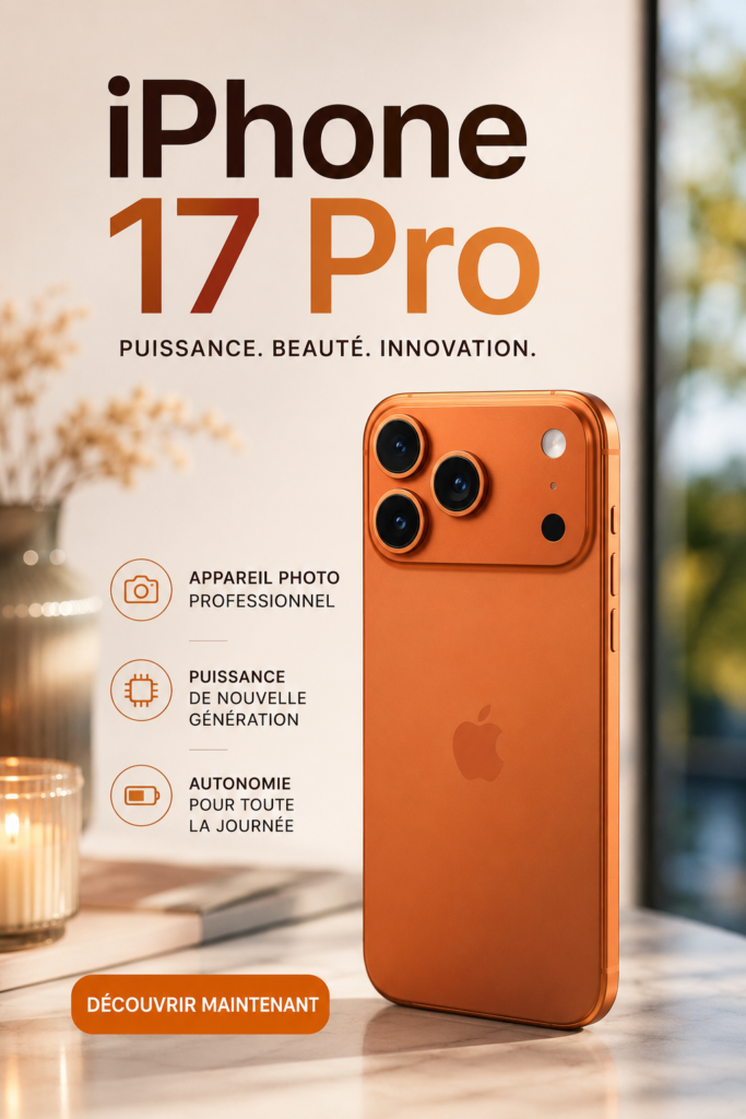 Vue de l'iPhone 17 Pro, illuminé, mettant en avant son design élégant et ses finitions