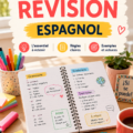Une femme prépare une fiche de révision pour apprendre l'espagnol, entourée de cahiers et d'outils d'étude.