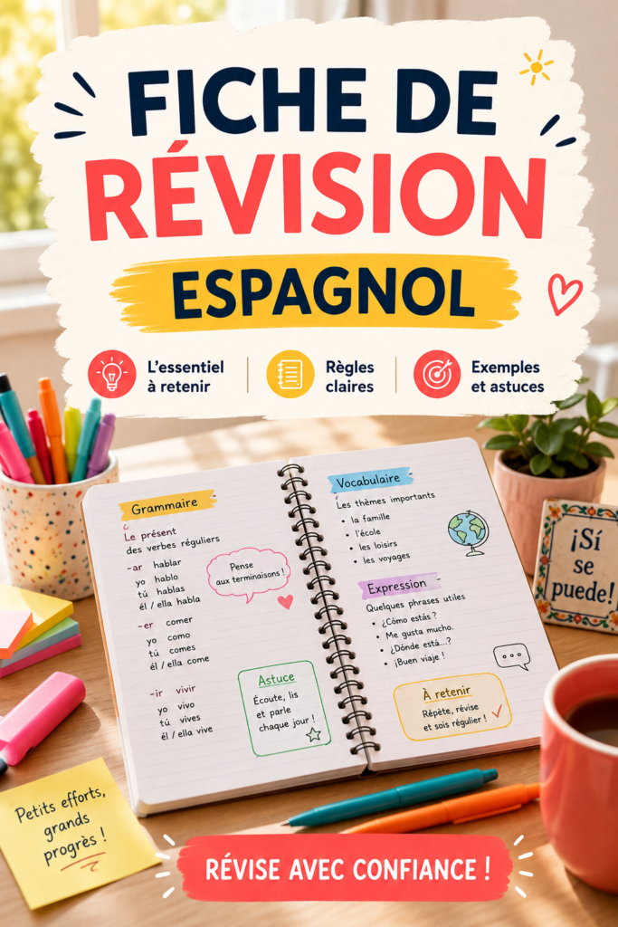 Une femme prépare une fiche de révision pour apprendre l'espagnol, entourée de cahiers et d'outils d'étude.