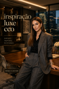 Une femme élégamment habillée dans un environnement moderne et chic, représentant l'inspiration luxe.