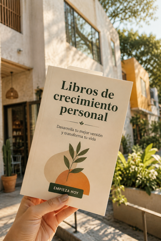 Une femme souriante lisant un livre de développement personnel dans un café, entourée d'un cadre chaleureux.