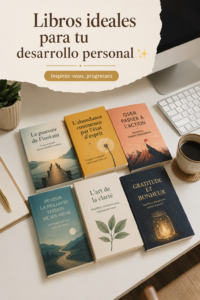 Une pile de livres de développement personnel sur une table en bois.