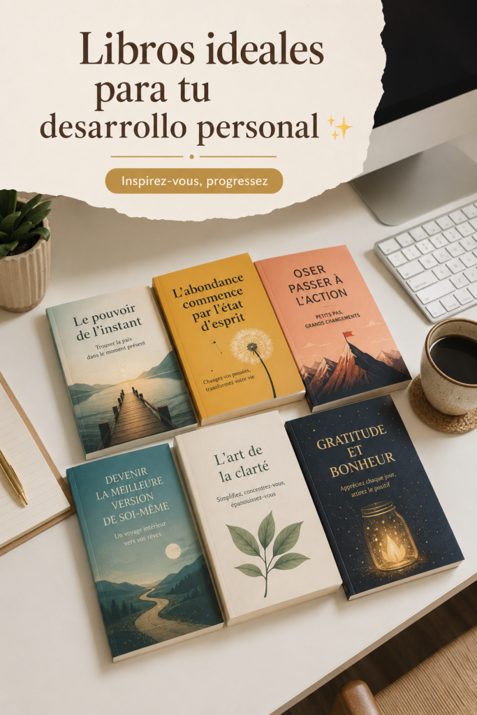 Une pile de livres de développement personnel sur une table en bois.