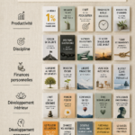 Une bibliothèque remplie de livres de développement personnel qui invitent à l'introspection et à la croissance.