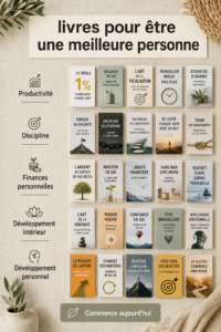 Une bibliothèque remplie de livres de développement personnel qui invitent à l'introspection et à la croissance.