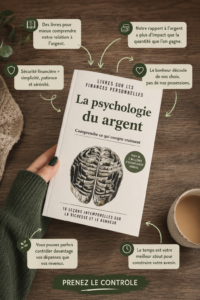 Couverture d'un livre sur la psychologie de l'argent avec des illustrations inspirantes.