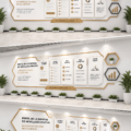 Un mur décoré de manière créative avec des affiches et des éléments décoratifs uniques.