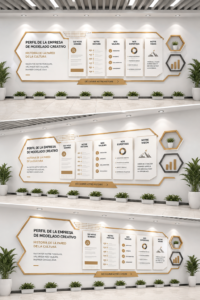 Un mur décoré de manière créative avec des affiches et des éléments décoratifs uniques.