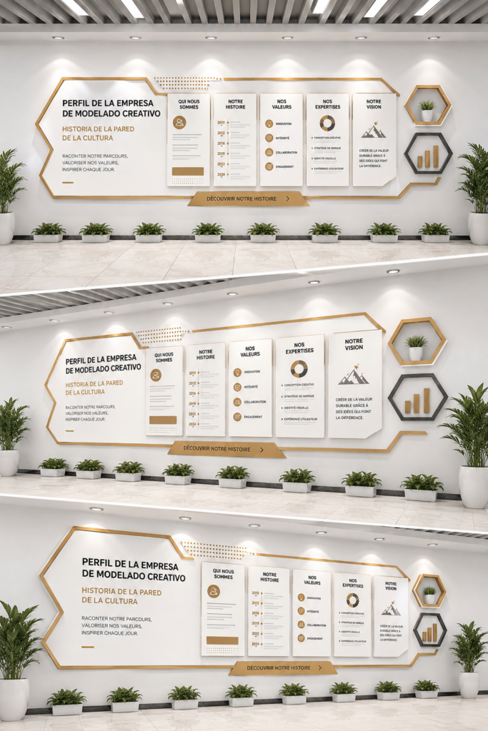 Un mur décoré de manière créative avec des affiches et des éléments décoratifs uniques.
