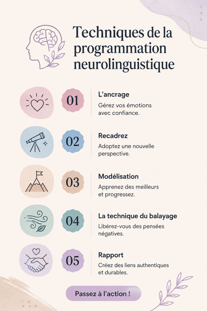 Visuel inspirant illustrant des techniques de PNL pour le développement personnel.