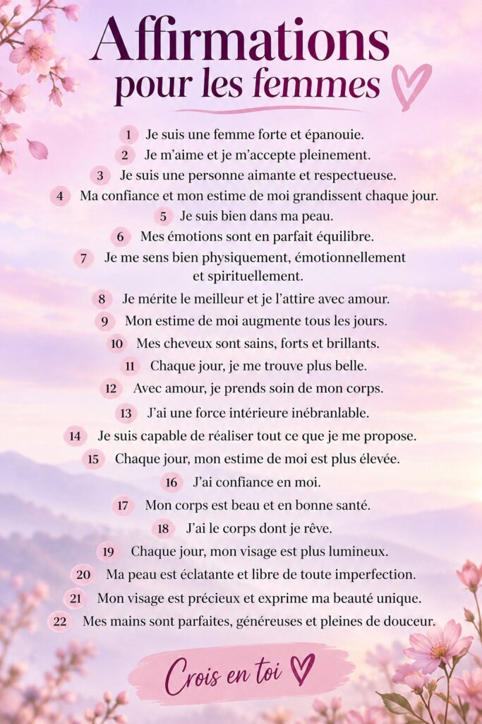 Femme souriante méditant avec des affirmations positives autour d'elle.