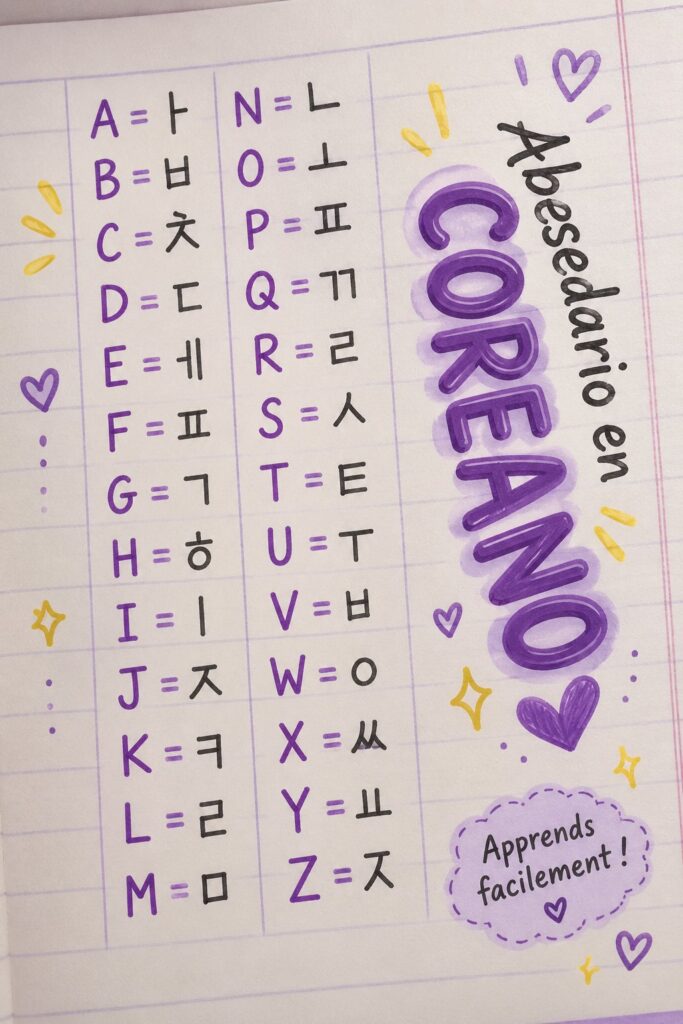 Aperçu de l'alphabet coréen avec des lettres et exemples