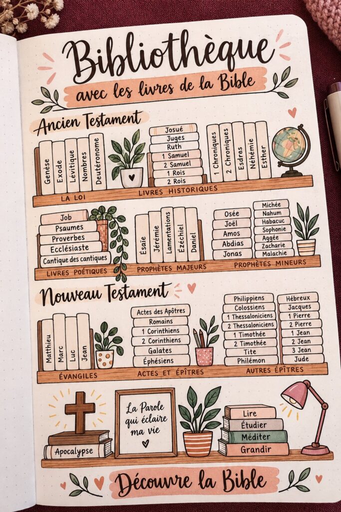 Bibliothèque inspirante avec des livres de la Bible sur étagères. Espace lumineux et accueillant.