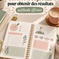Une femme consultante un carnet de buts sur une table avec des stylos colorés.