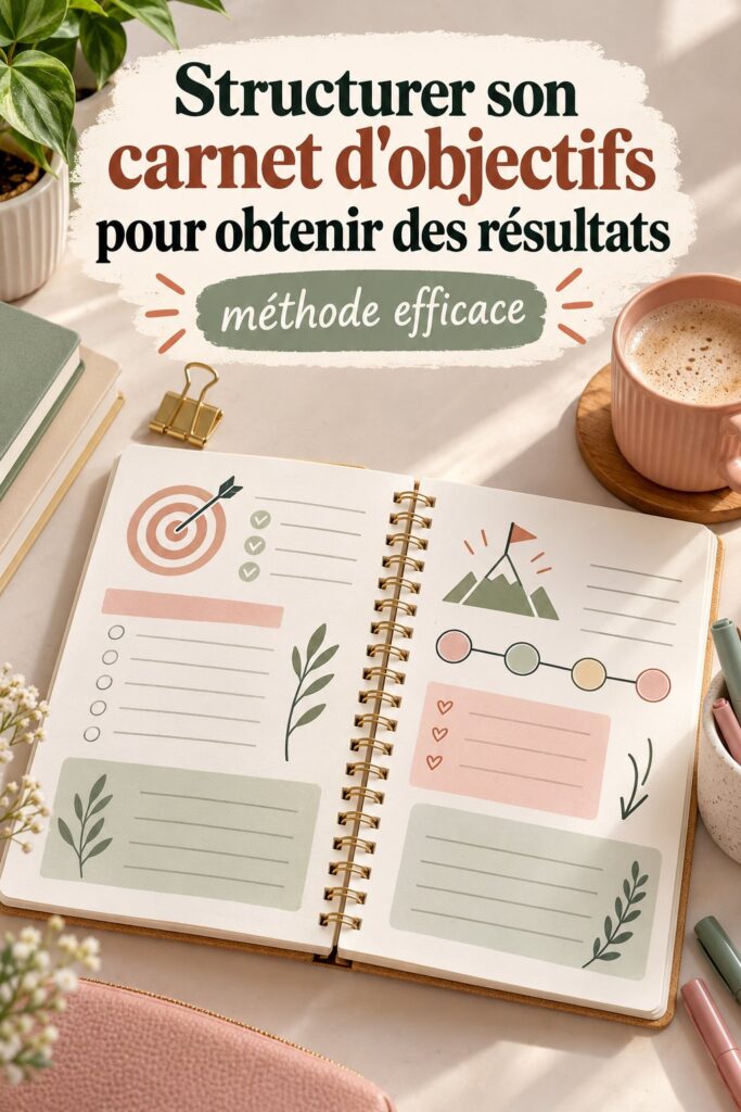 Une femme consultante un carnet de buts sur une table avec des stylos colorés.
