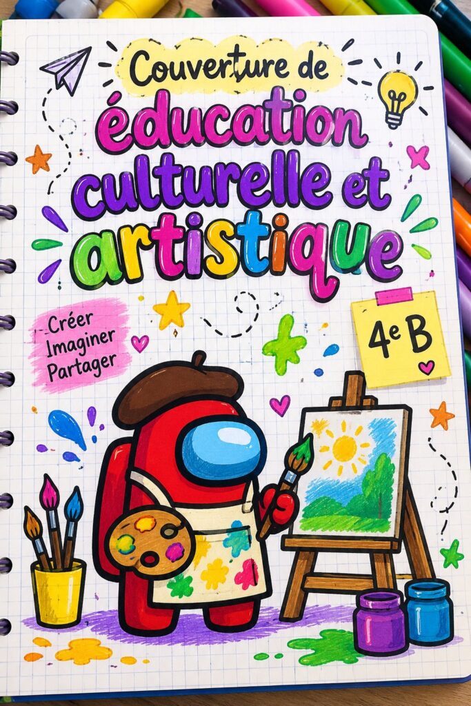 Activité artistique en classe inspirée par Among Us, montrant des élèves créant des œuvres