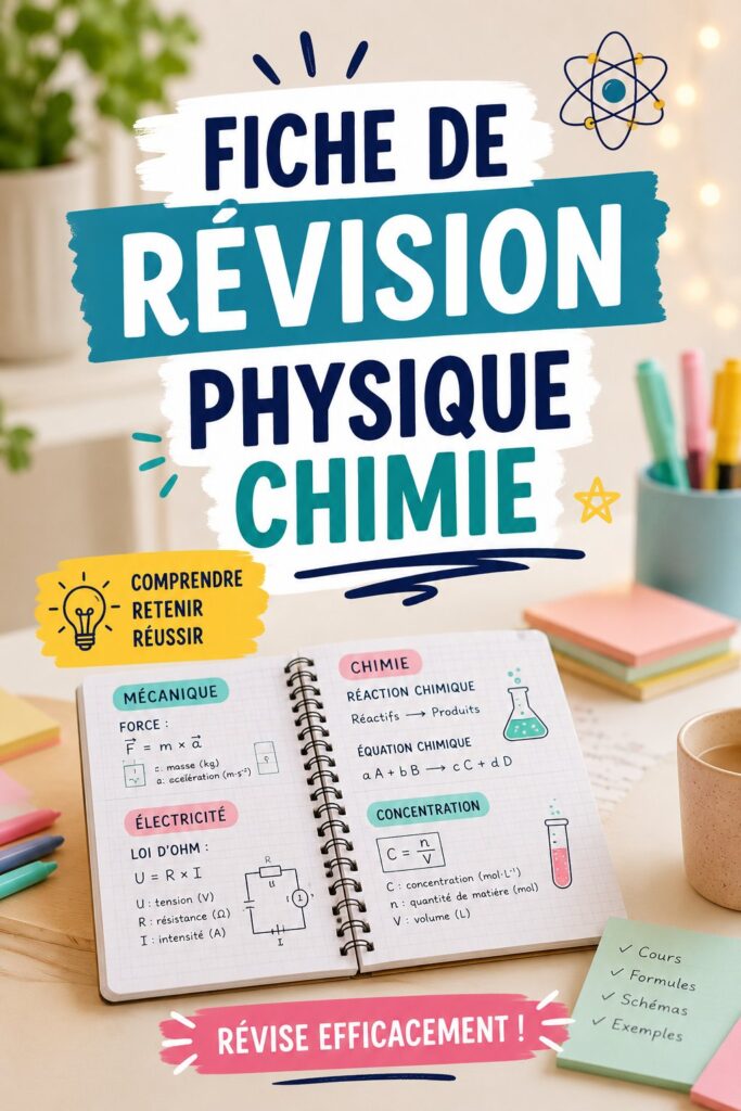 Une fiche de révision en physique-chimie bien structurée sur un bureau