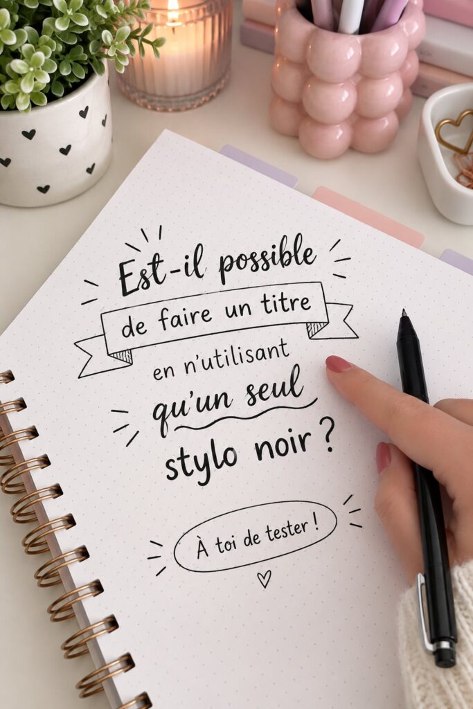 Femme utilisant une canette noire pour écrire un titre sur un carnet.