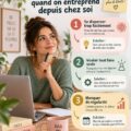 Femme travaillant à domicile, se concentrant sur son ordinateur dans un espace bien organisé.