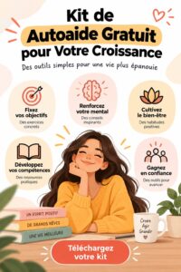 Kit de ressources gratuites pour la croissance personnelle, avec des outils variés sur une table en bois.