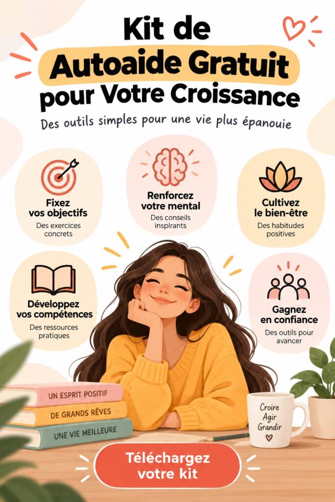 Kit de ressources gratuites pour la croissance personnelle, avec des outils variés sur une table en bois.