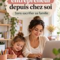 Une maman souriante travaillant depuis son bureau à domicile, entourée de photos de ses enfants.