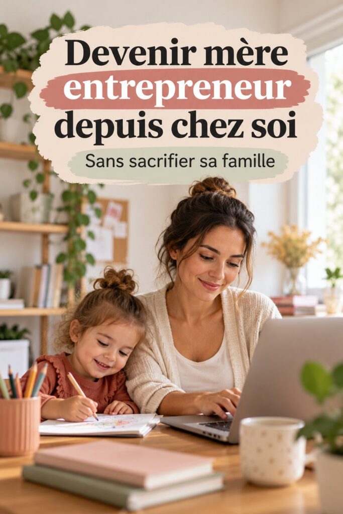 Une maman souriante travaillant depuis son bureau à domicile, entourée de photos de ses enfants.