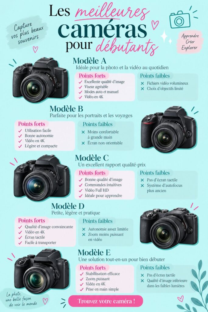 Une femme souriante tient une caméra tout en prenant des photos en extérieur.